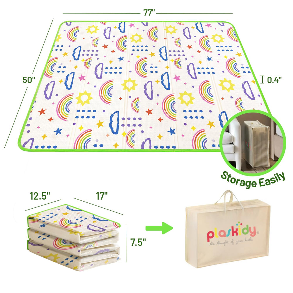 PLASKIDY baby play mat with reversible patterns stimulates imagination.