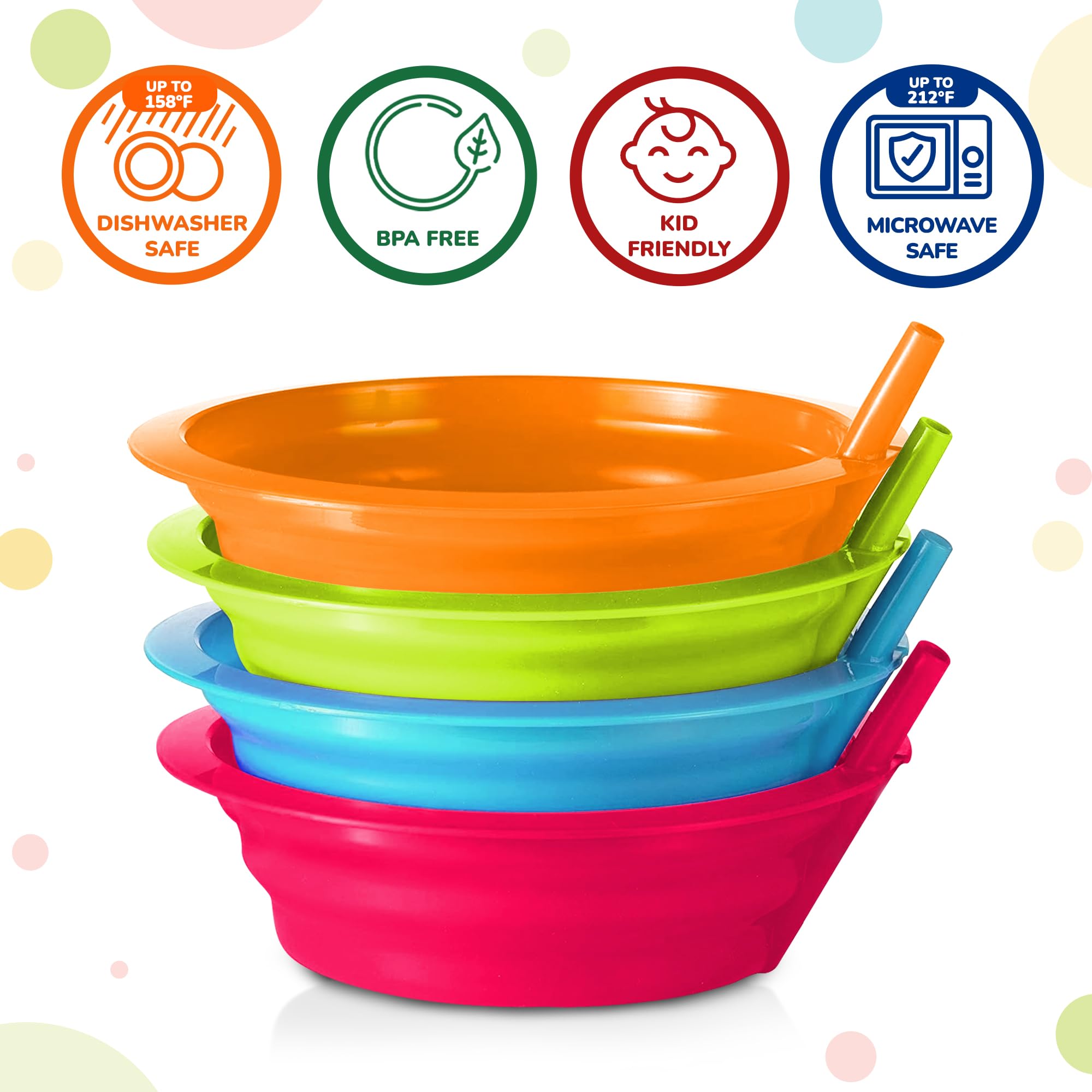 PLASKIDY bowls in six bright colors for easy meal identification.