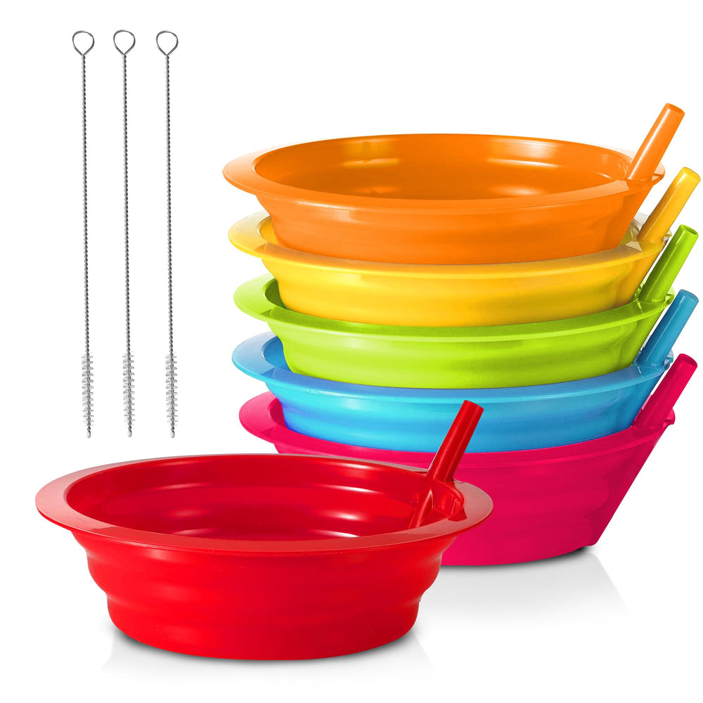PLASKIDY kids cereal bowls with built-in straw for mess-free sipping.
