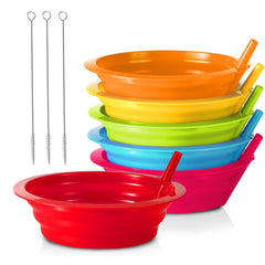 PLASKIDY kids cereal bowls with built-in straw for mess-free sipping.