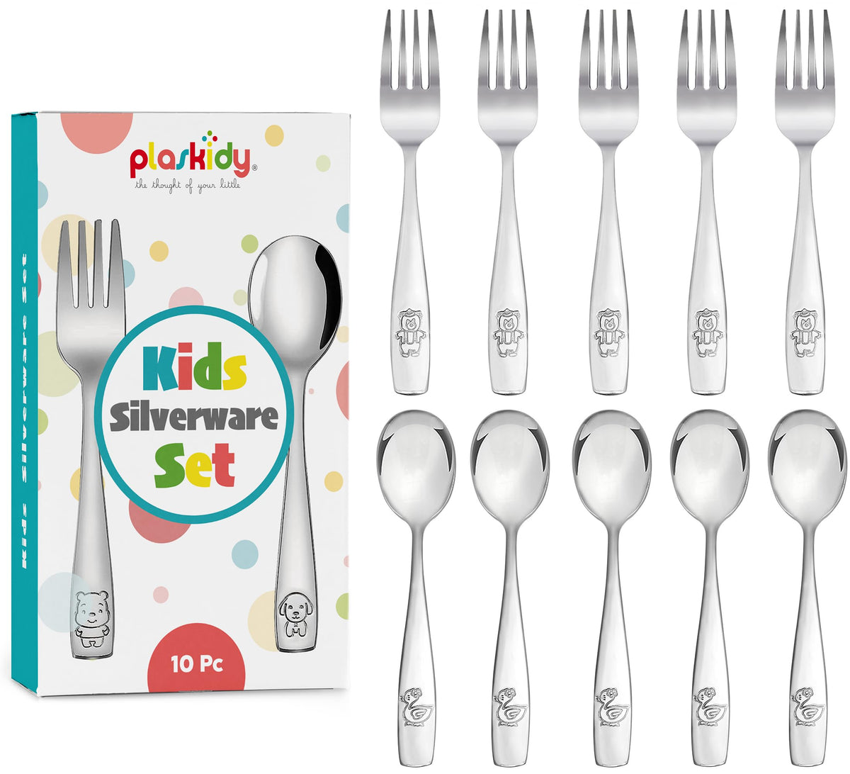 PLASKIDY kids silverware forks and spoons for easy independent feeding.