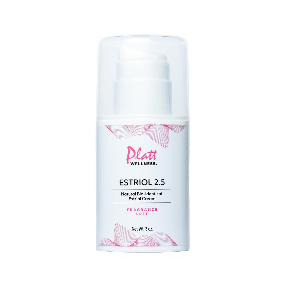 Platt Wellness Estriol cream bottle on a clean surface for daily skin support.