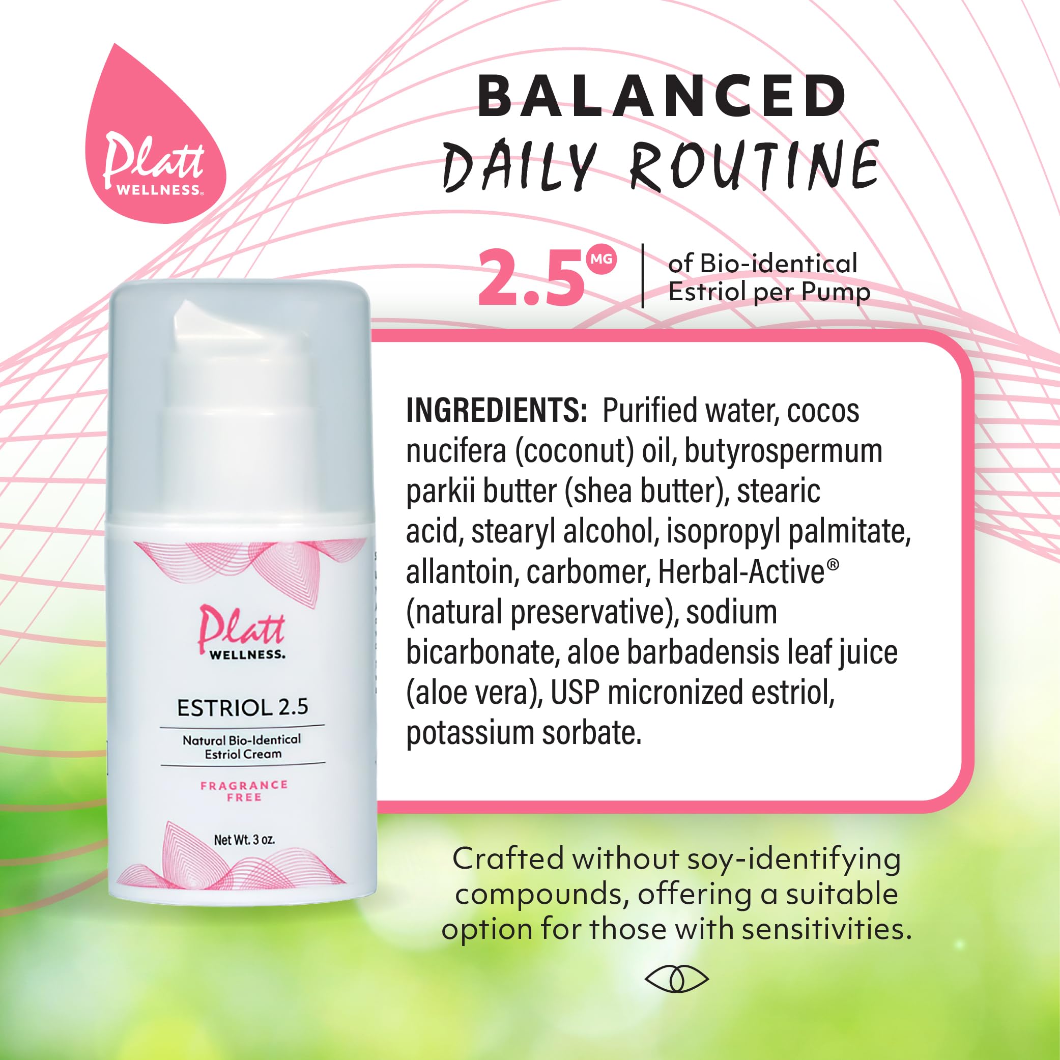 Platt Wellness Estriol cream bottle shows the 1/4 tsp dosing guidance for easy daily use.