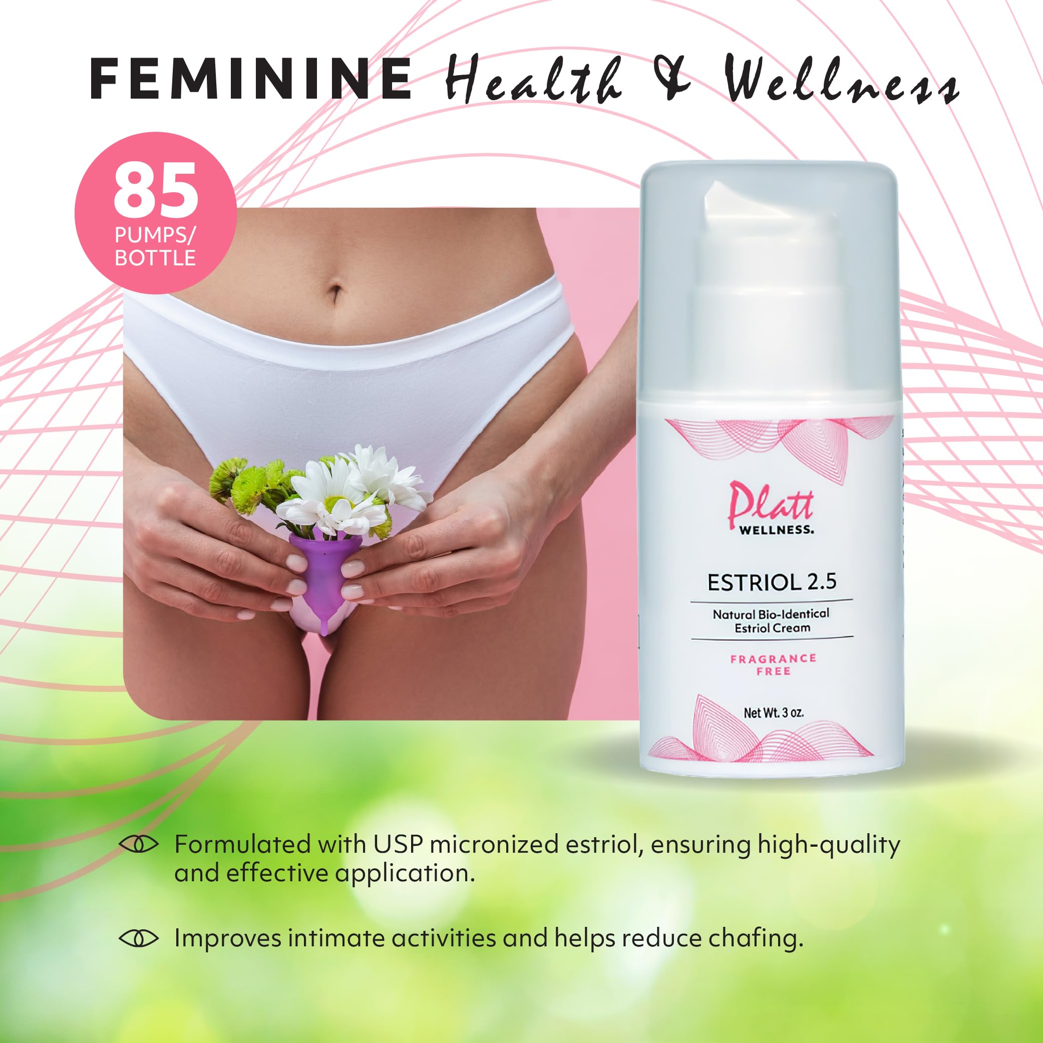 Platt Wellness Estriol cream label close-up highlights bio-identical plant-derived estriol.
