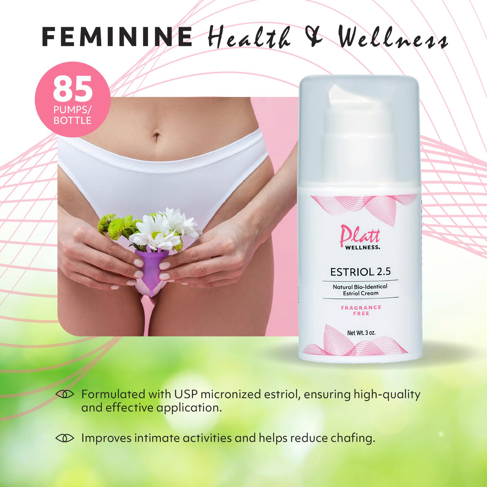 Platt Wellness Estriol cream label close-up highlights bio-identical plant-derived estriol.