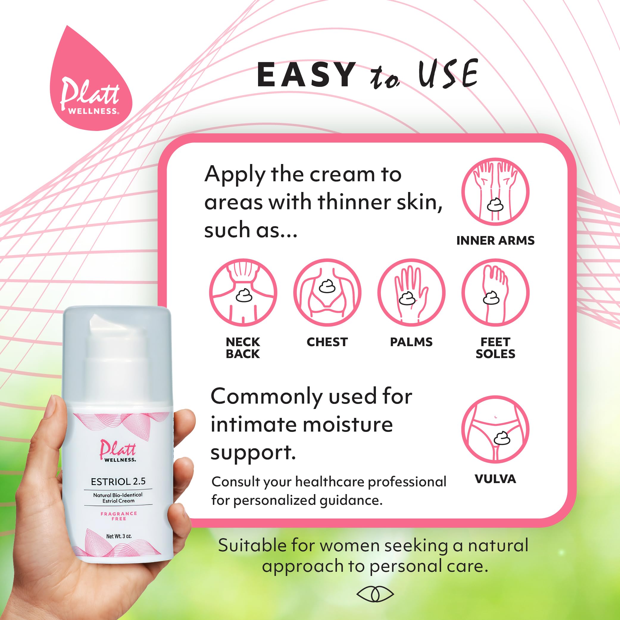 Platt Wellness Estriol cream packaging box highlights premium plant-based estrogen.