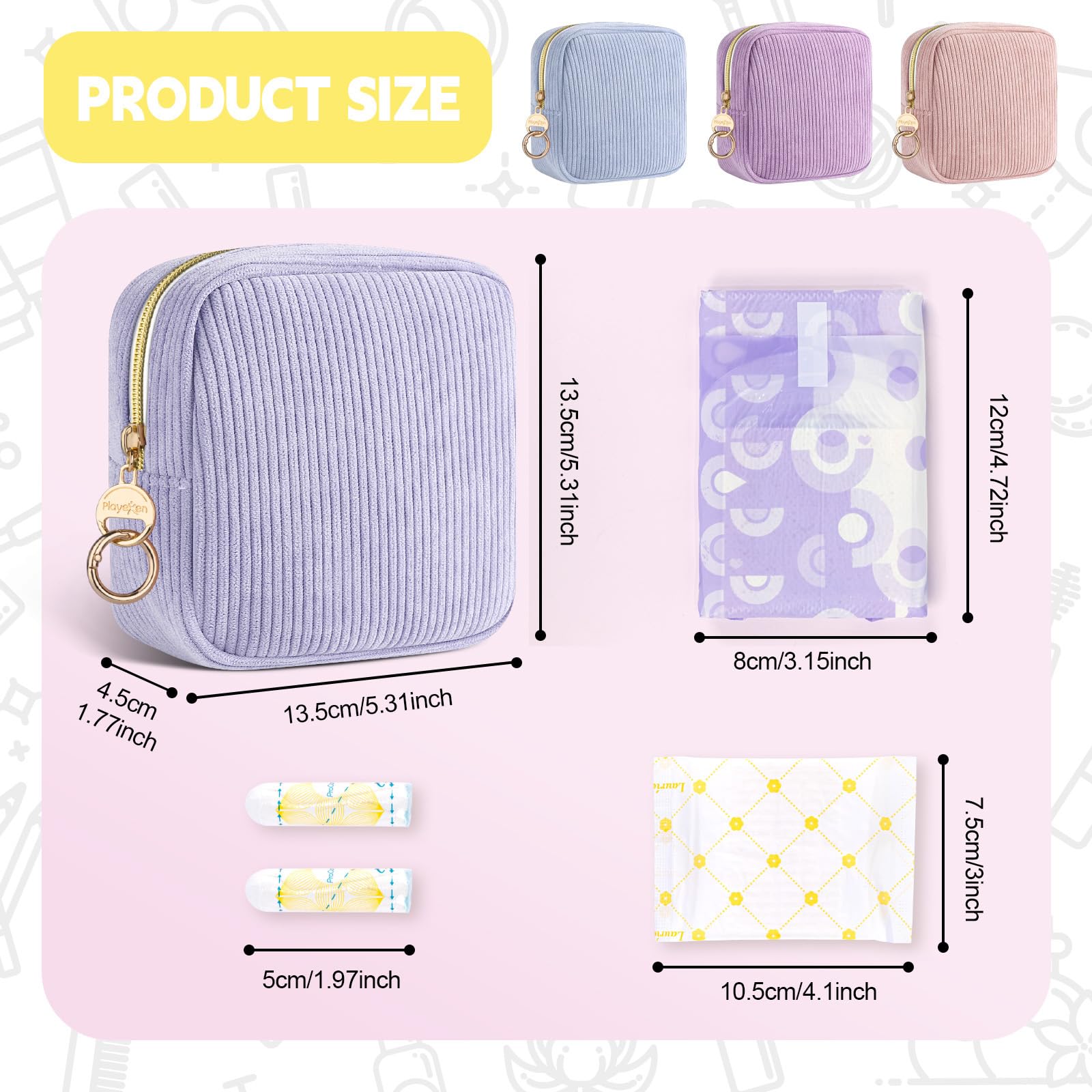 Playexen corduroy period bag blue inside view highlighting capacity for towels and tampons