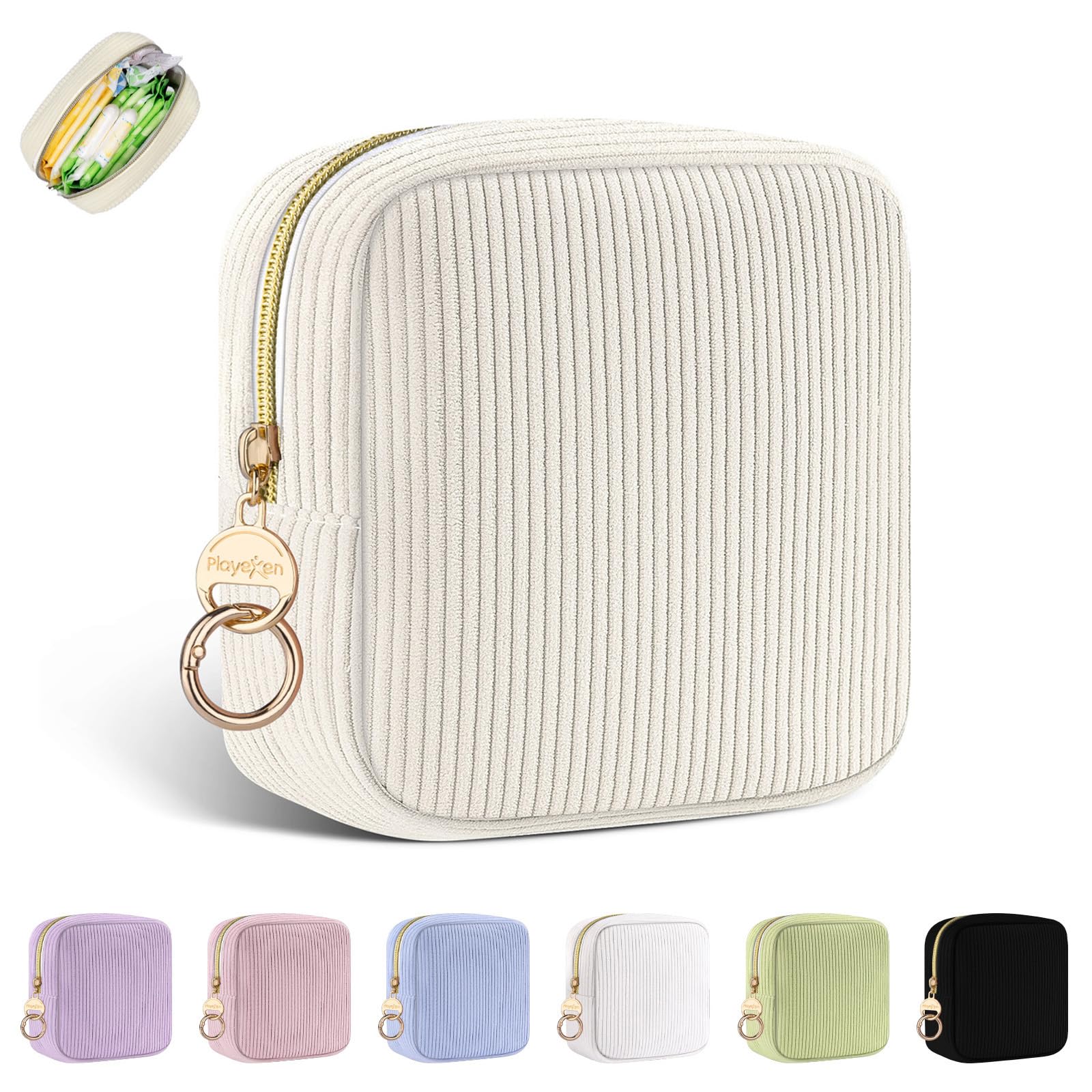 Playexen Period Bag in corduroy beige provides discreet, portable napkin and tampon storage.