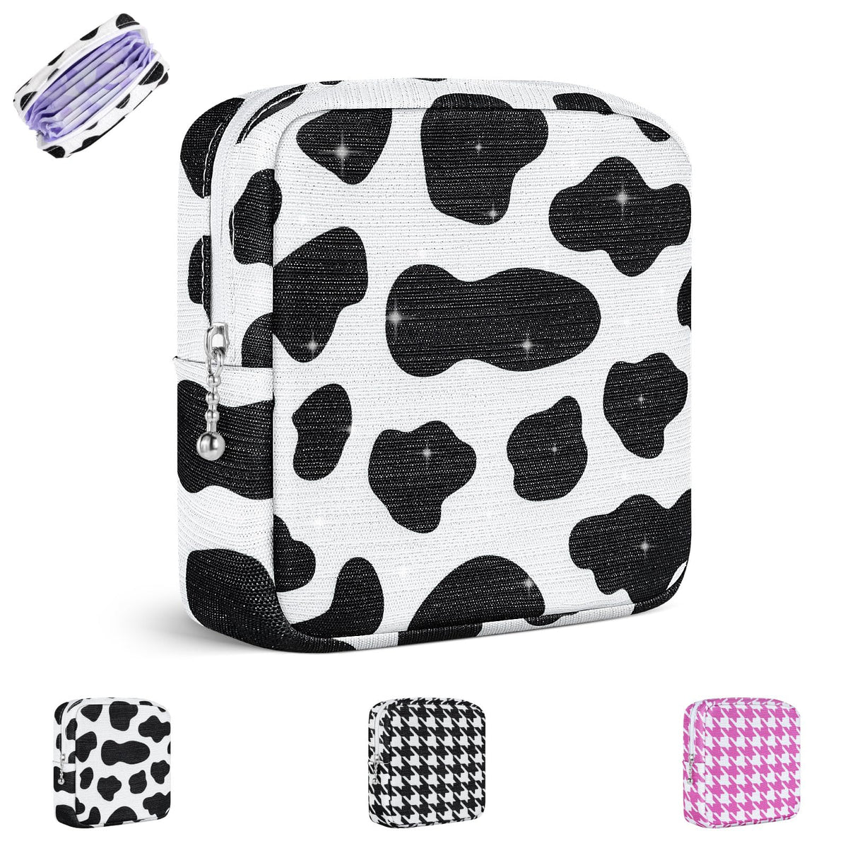Playexen period bag glitter-black-cow front view, discreet storage for pads and tampons.