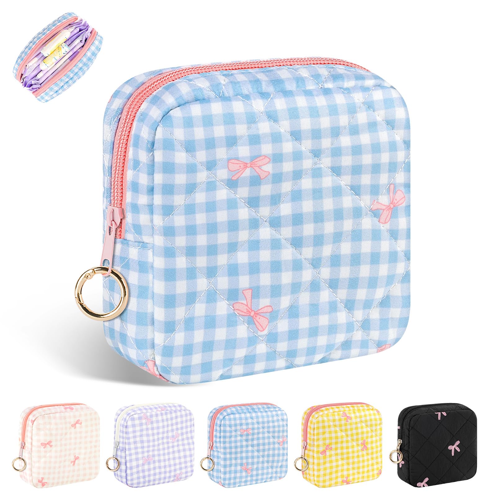Playexen period bag plaid blue front view, compact to carry discreetly in a backpack.