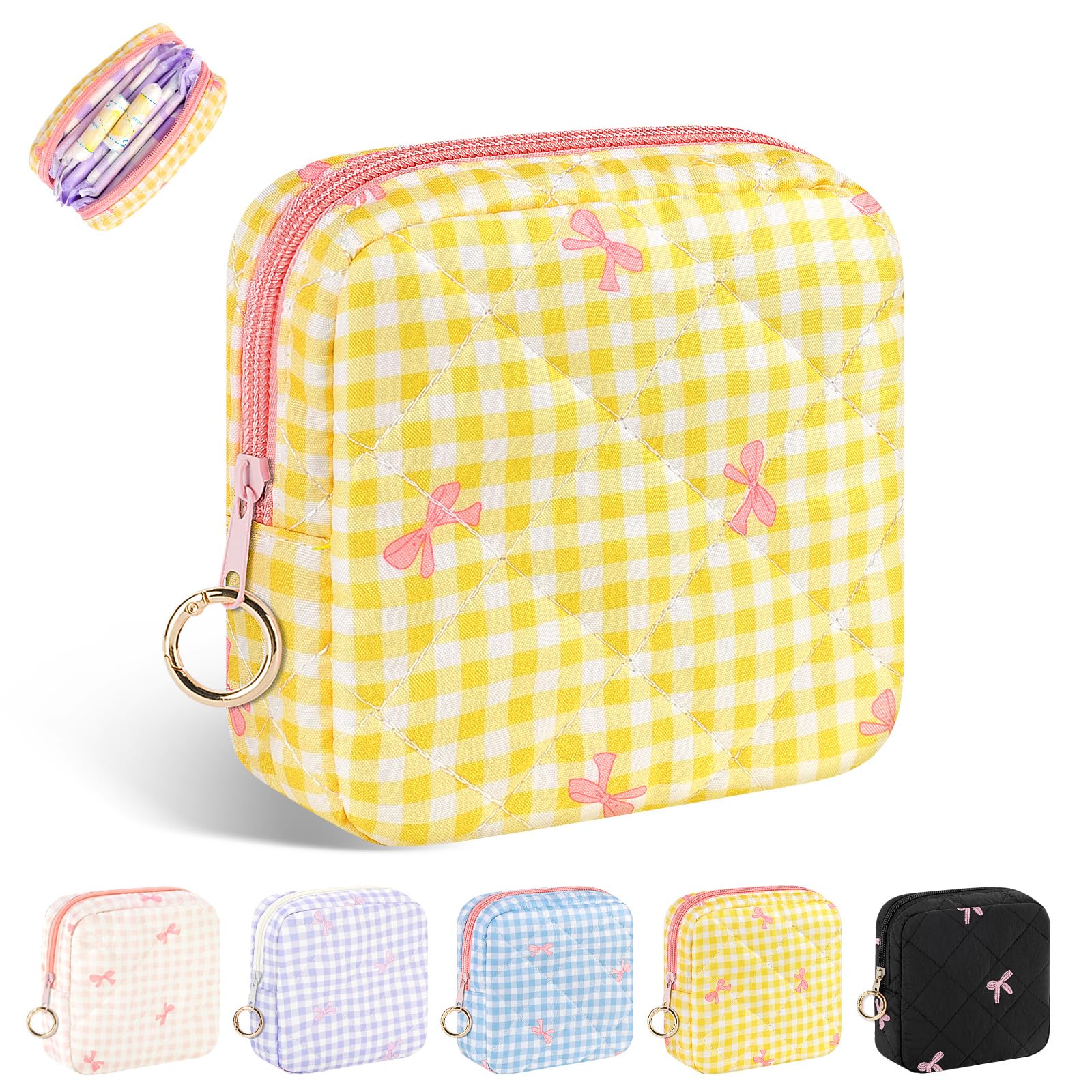 Playexen period bag plaid yellow front view, compact to fit in a purse for discreet storage.