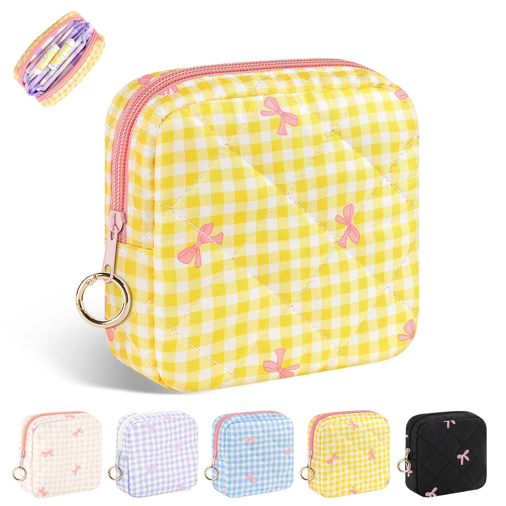 Playexen period bag plaid yellow front view, compact to fit in a purse for discreet storage.