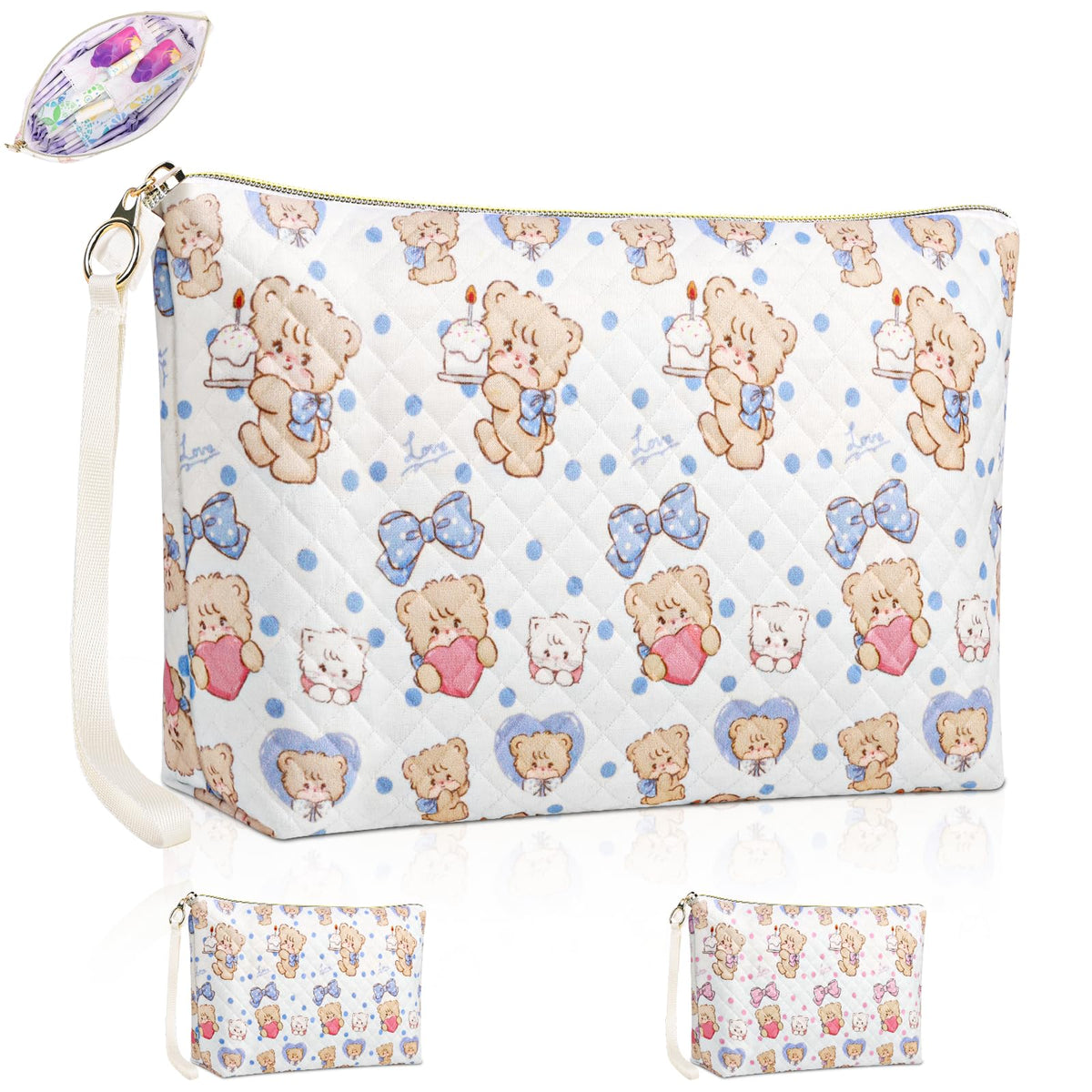 Playexen period bag: quilted bow-tie design, large blue, spacious for pads and tampons.