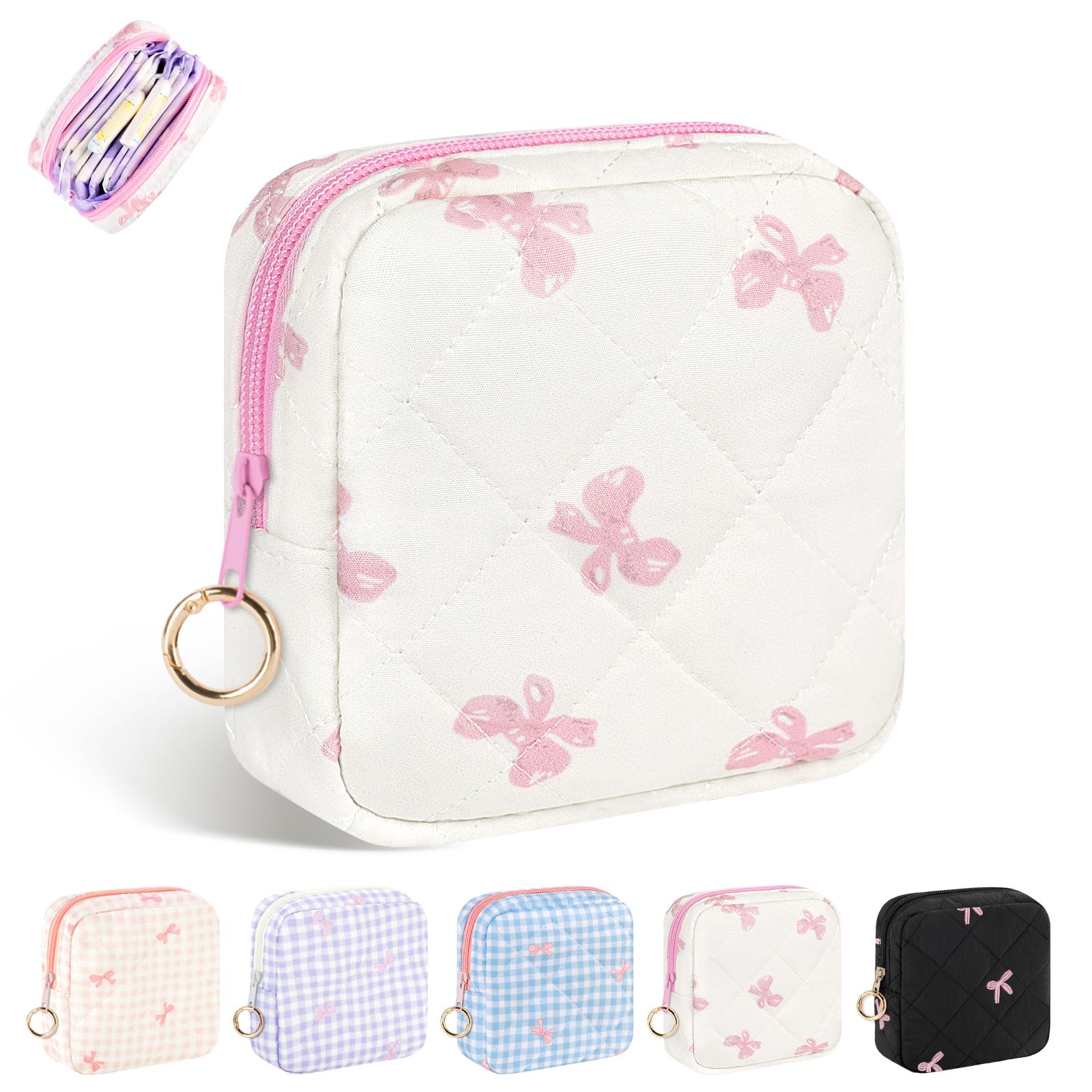 Playexen period bag quilted bow white open for compact napkin and tampon storage.