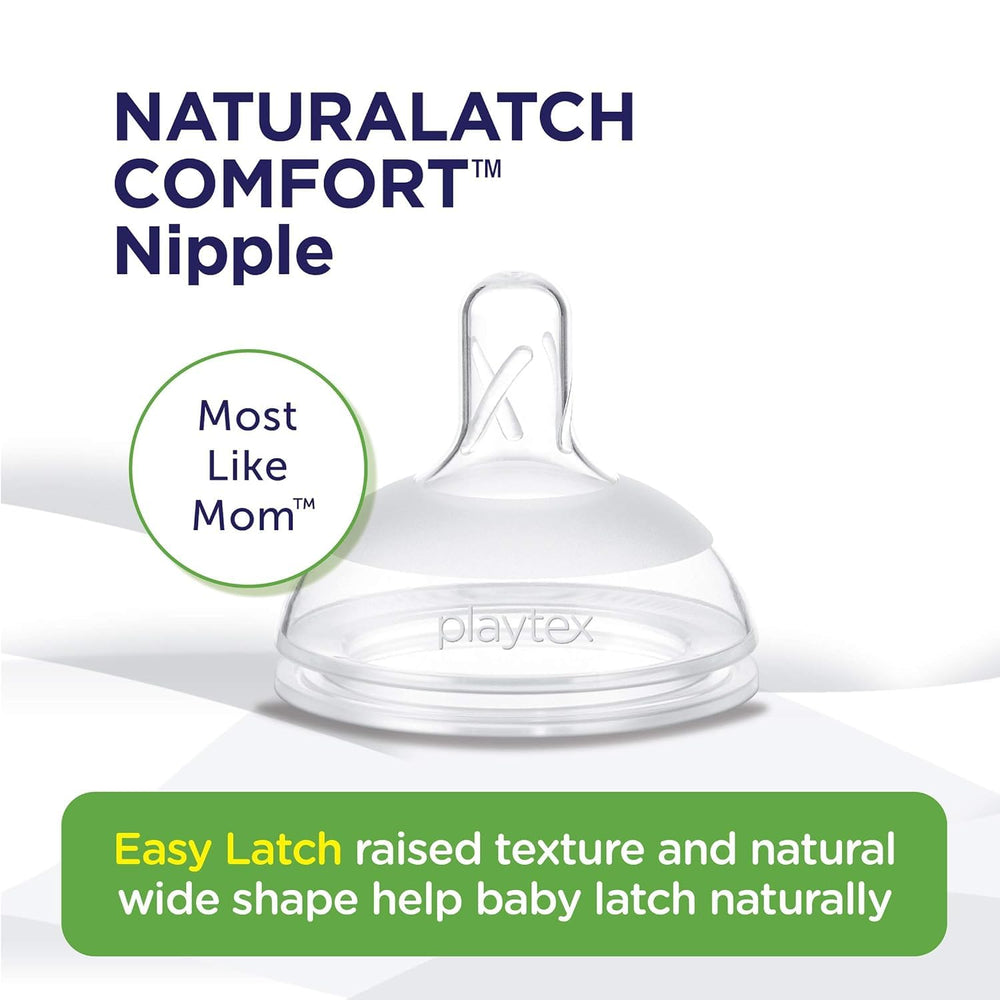 Playtex NaturaLatch medium-flow nipple close-up, balanced flow for everyday feeding.