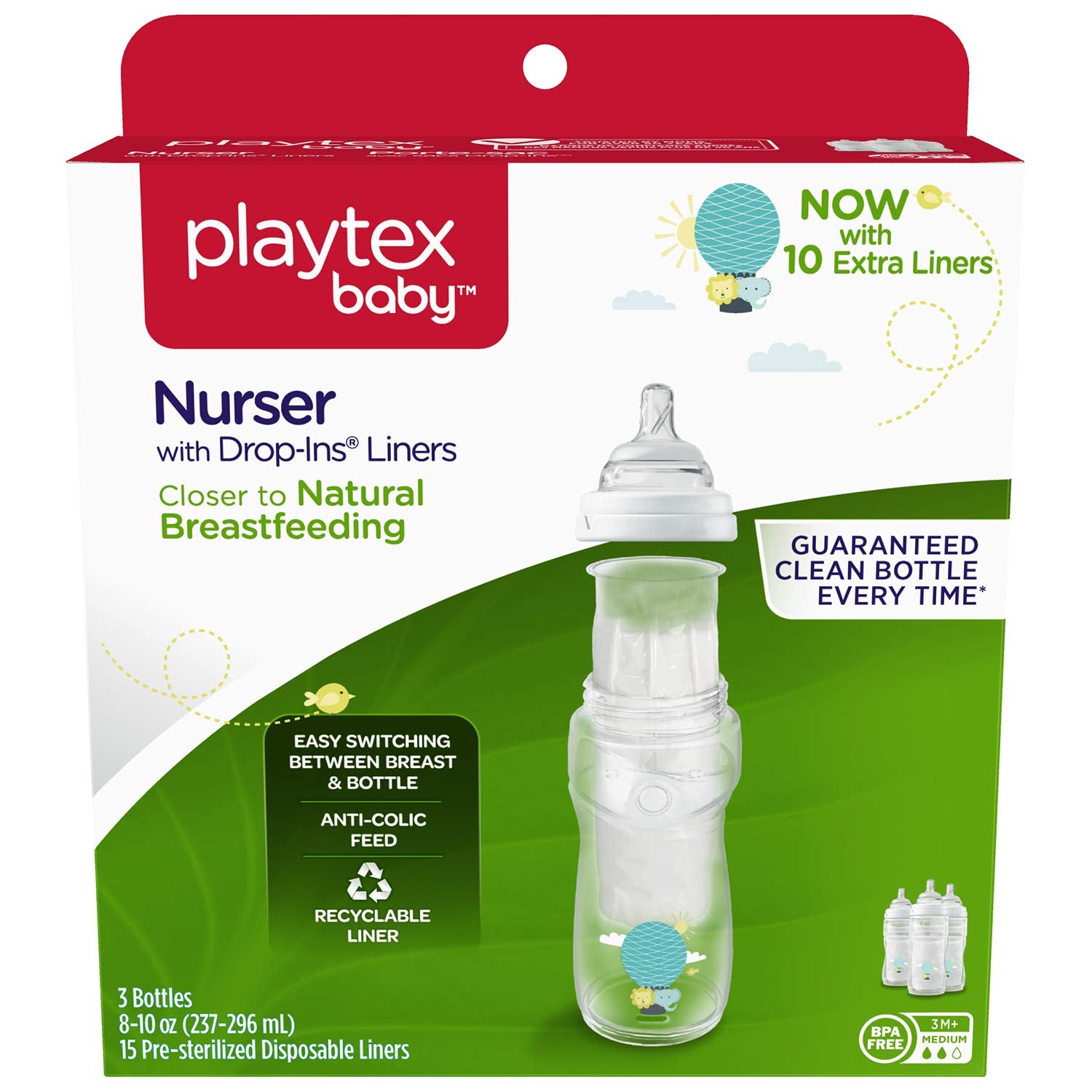 Playtex Baby Nurser Bottle with Drop-Ins liners showing air-free feeding for calmer feeds