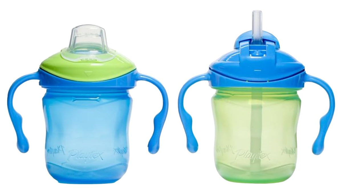 Playtex Baby Sipsters blue 6 oz sippy cup with easy-grip design for tiny hands.