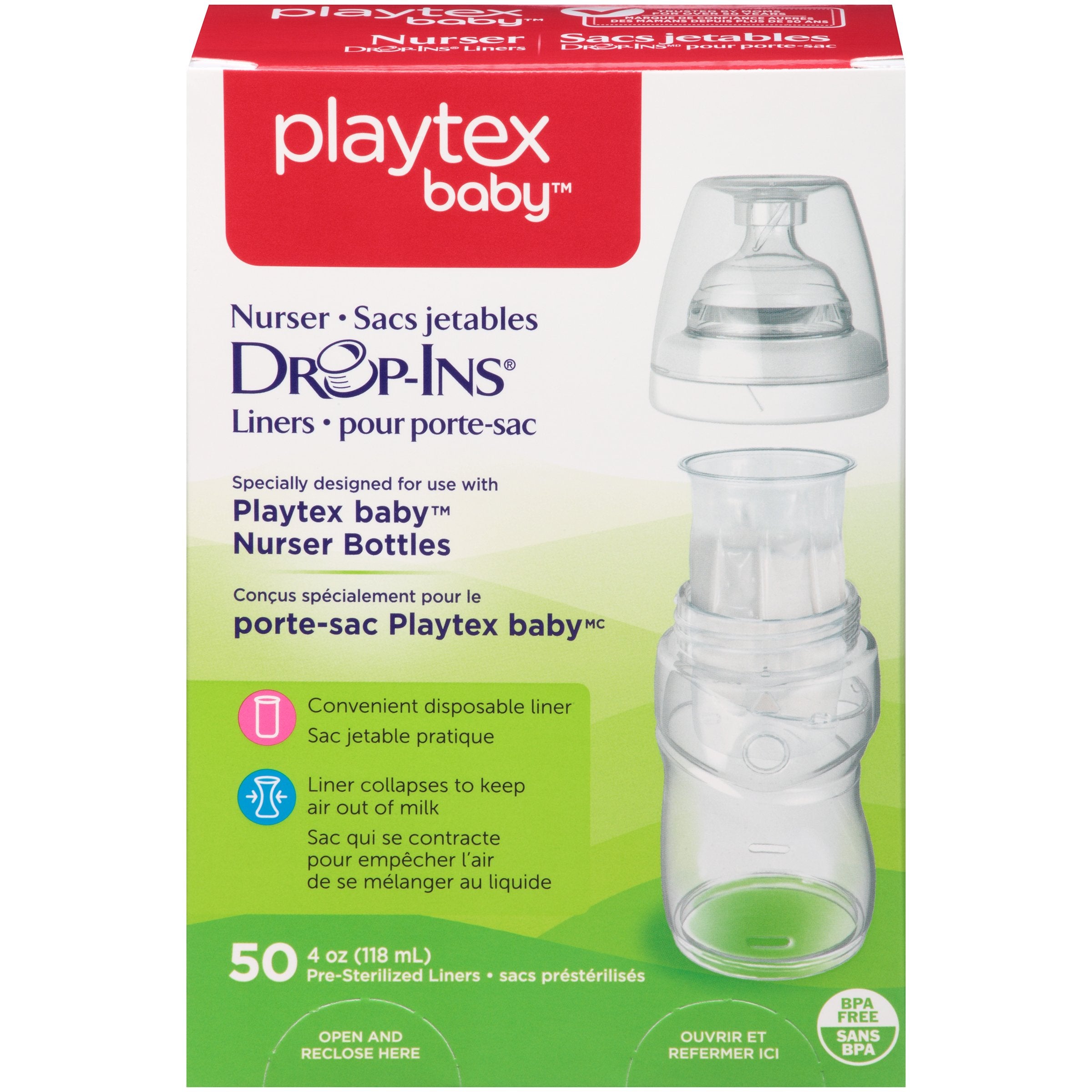Playtex Nurser bottle 4oz drop-ins liner, 50-count, convenient feeding setup for busy days