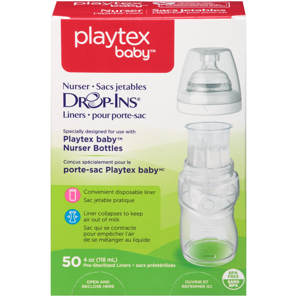 Playtex Nurser bottle 4oz drop-ins liner, 50-count, convenient feeding setup for busy days