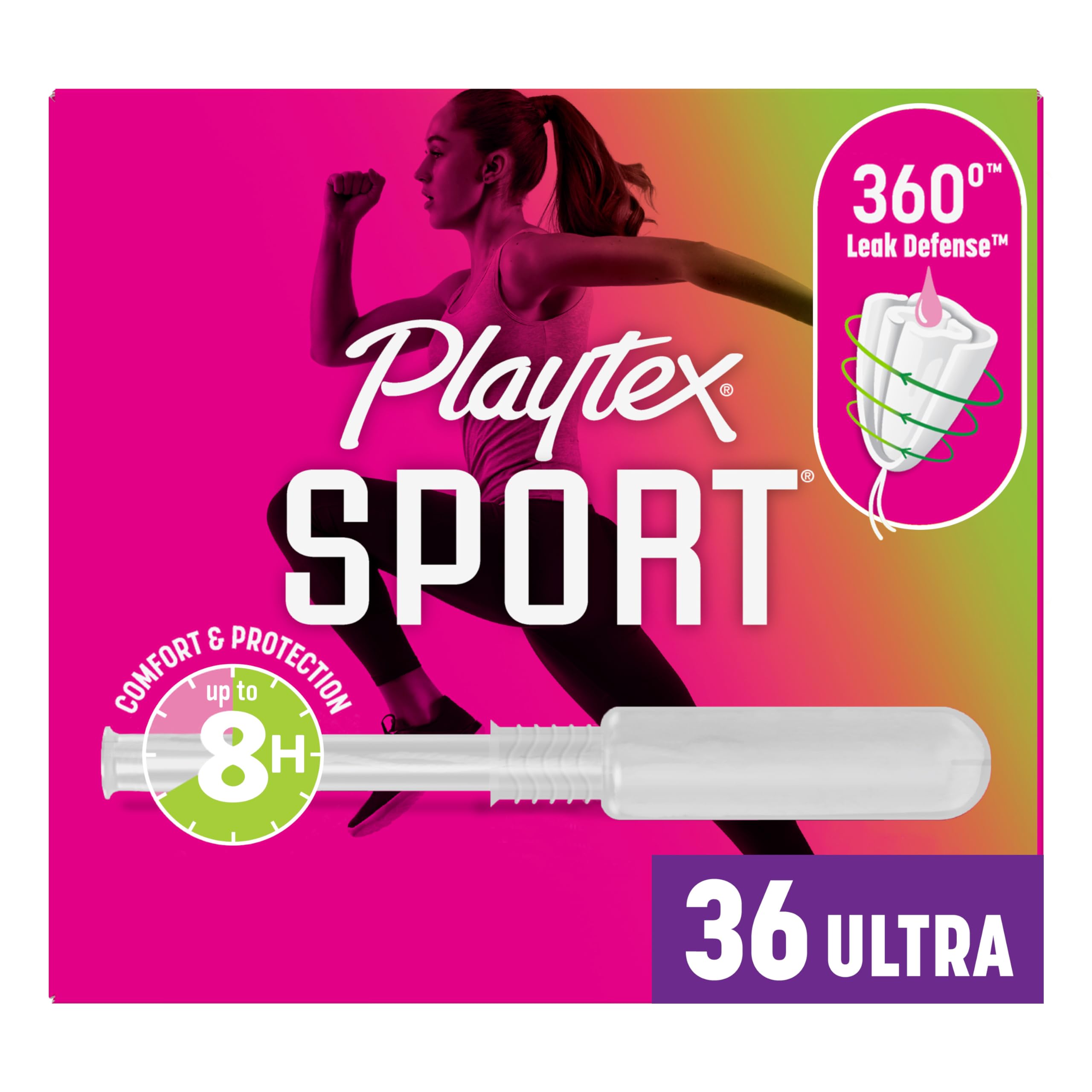 Playtex Sport tampon with 360-degree Leak Defense supports active movement.