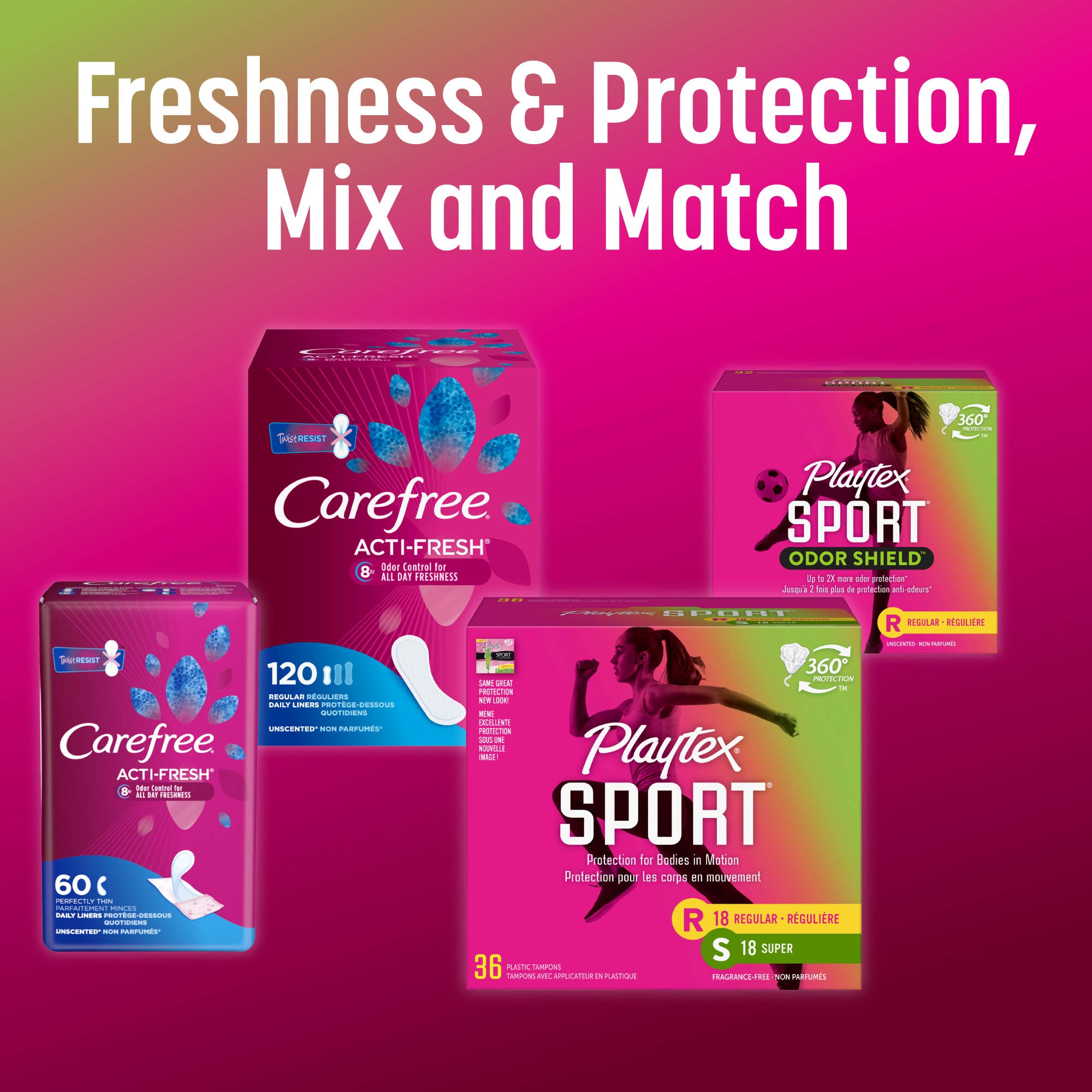 Playtex Sport 36-count multi-pack for versatile protection.