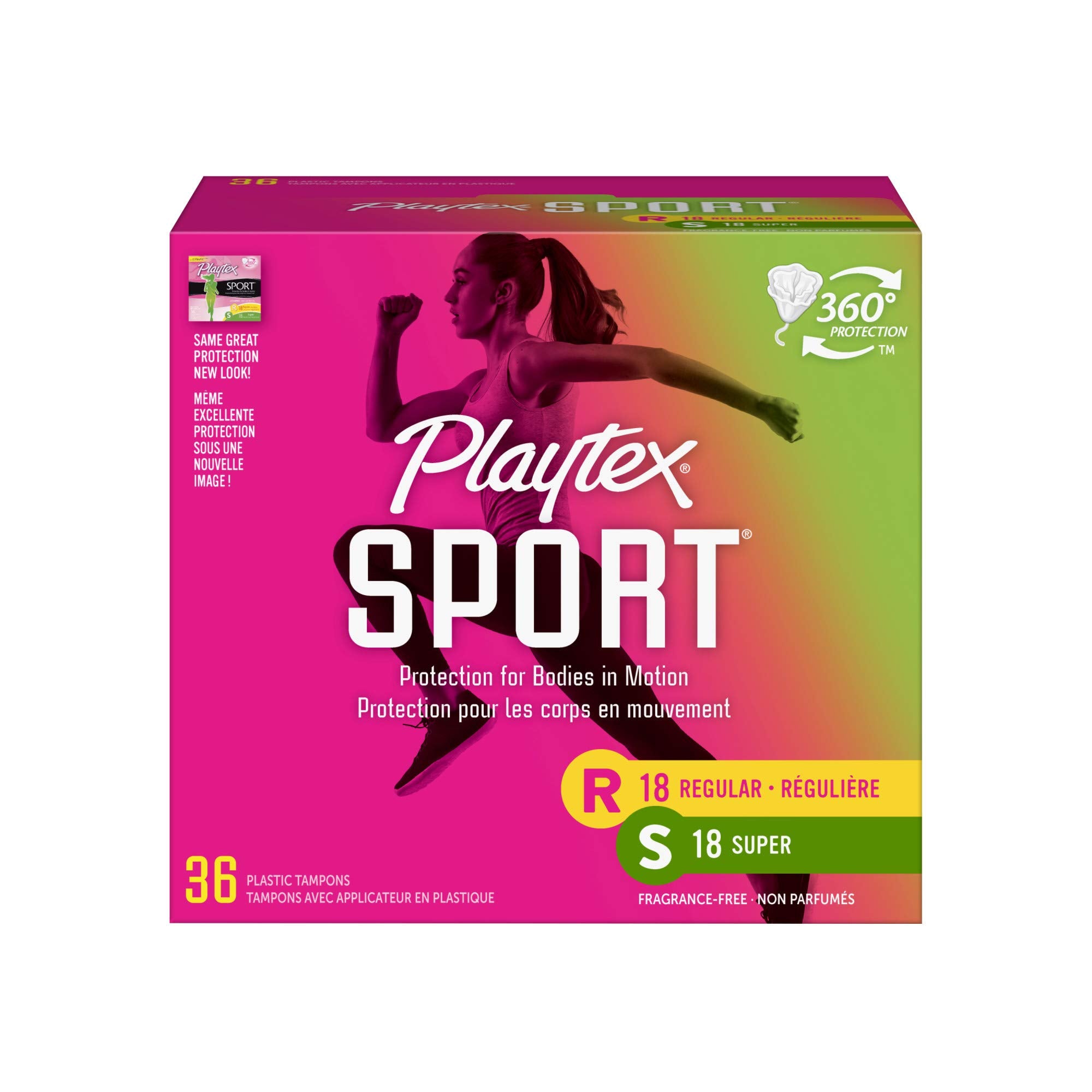 Playtex Sport tampons with Flex-Fit technology for active wear.