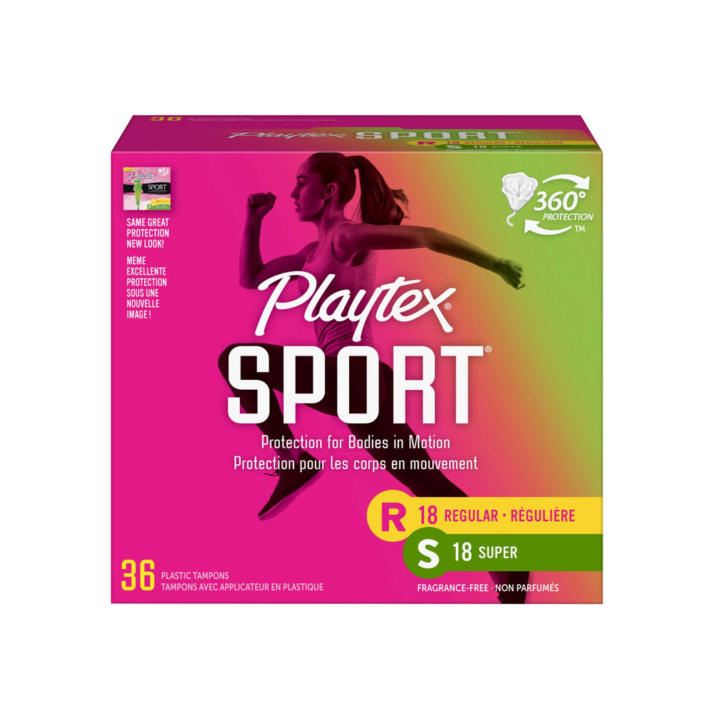 Playtex Sport tampons with Flex-Fit technology for active wear.