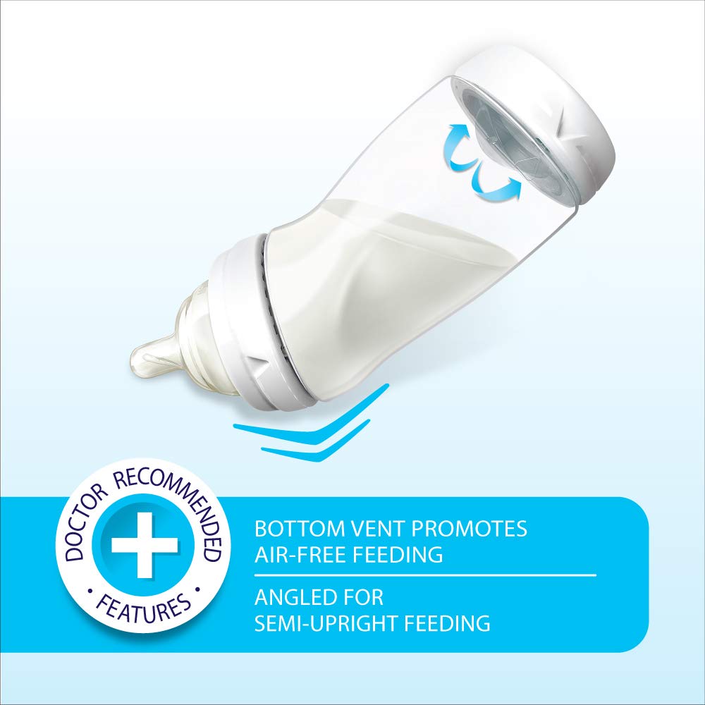 Air-free feeding illustration showing reduced air bubbles during milk flow.