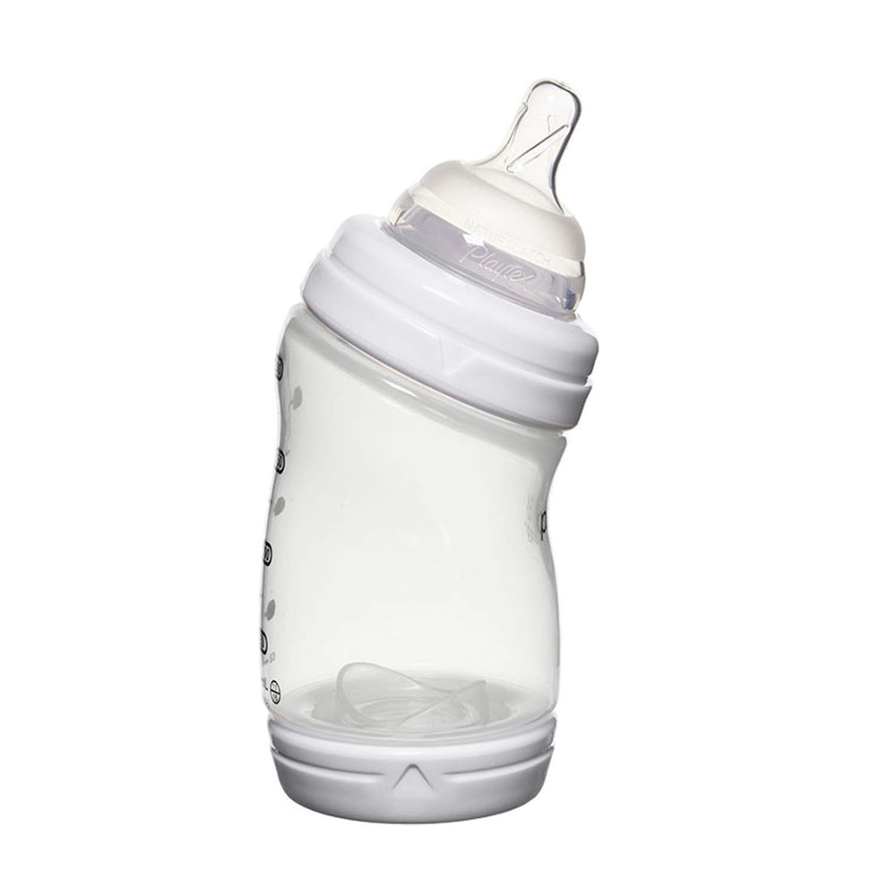 Playtex VentAire bottle angled design promotes semi-upright feeding to protect ears.