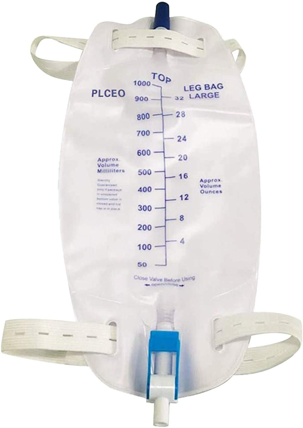 Plceo Easy-Tap Leg Bag closeup, 1000ml capacity for easy drainage.