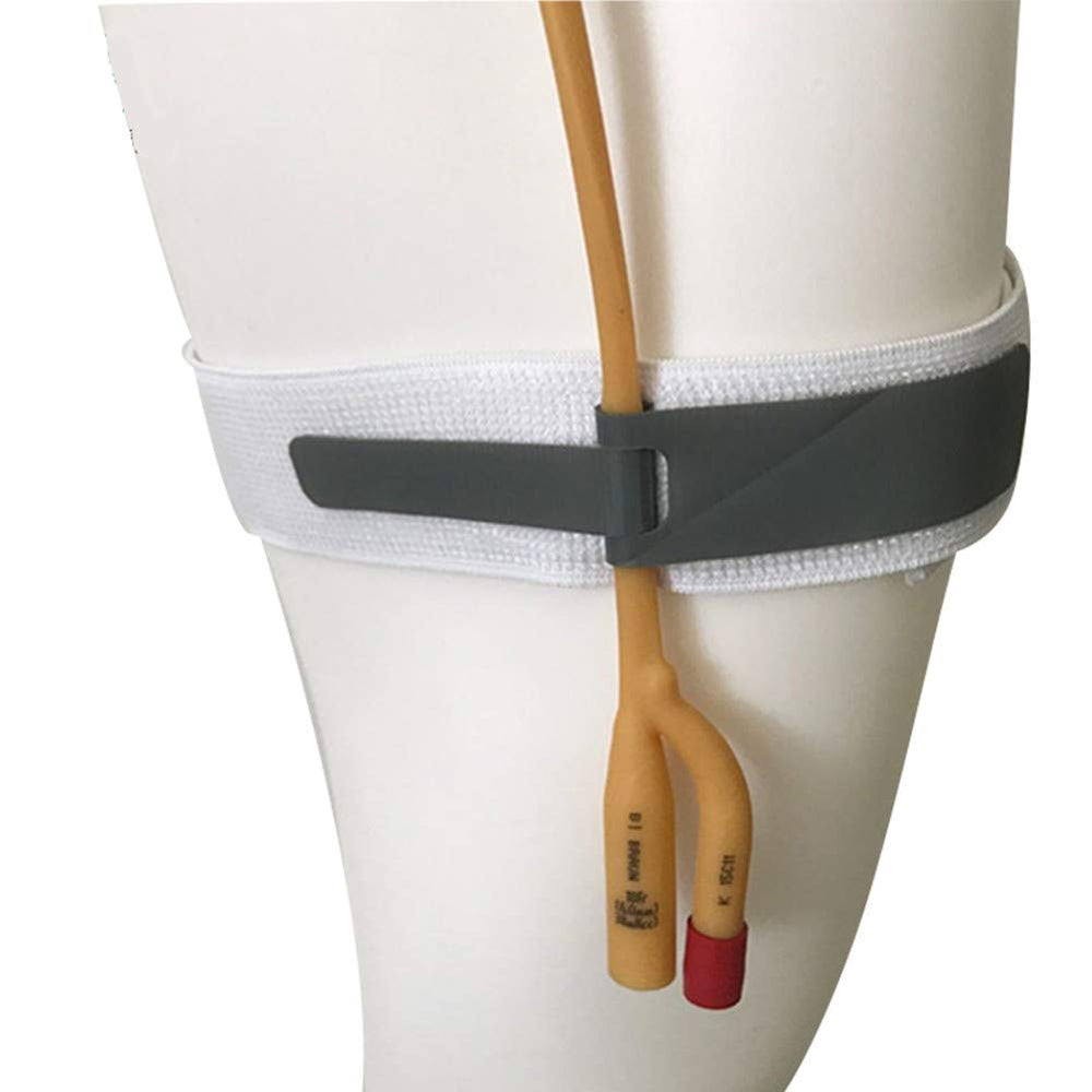 PLCEO Foley catheter legband on leg for secure fit without restricting movement.