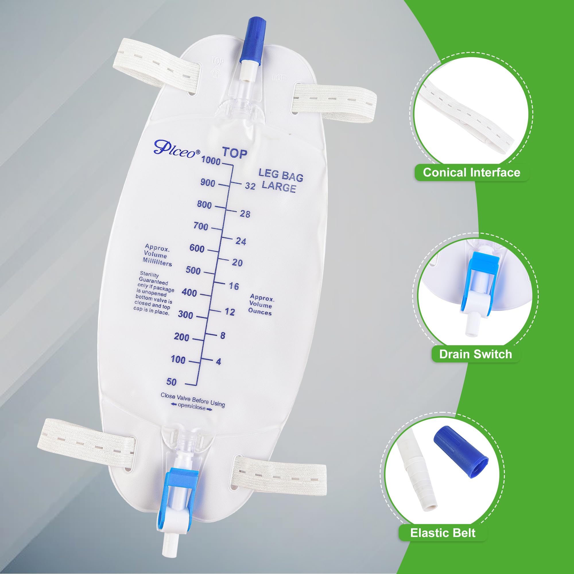 Plceo Easy-Tap leg bag drain feature for quick, mess-free emptying.