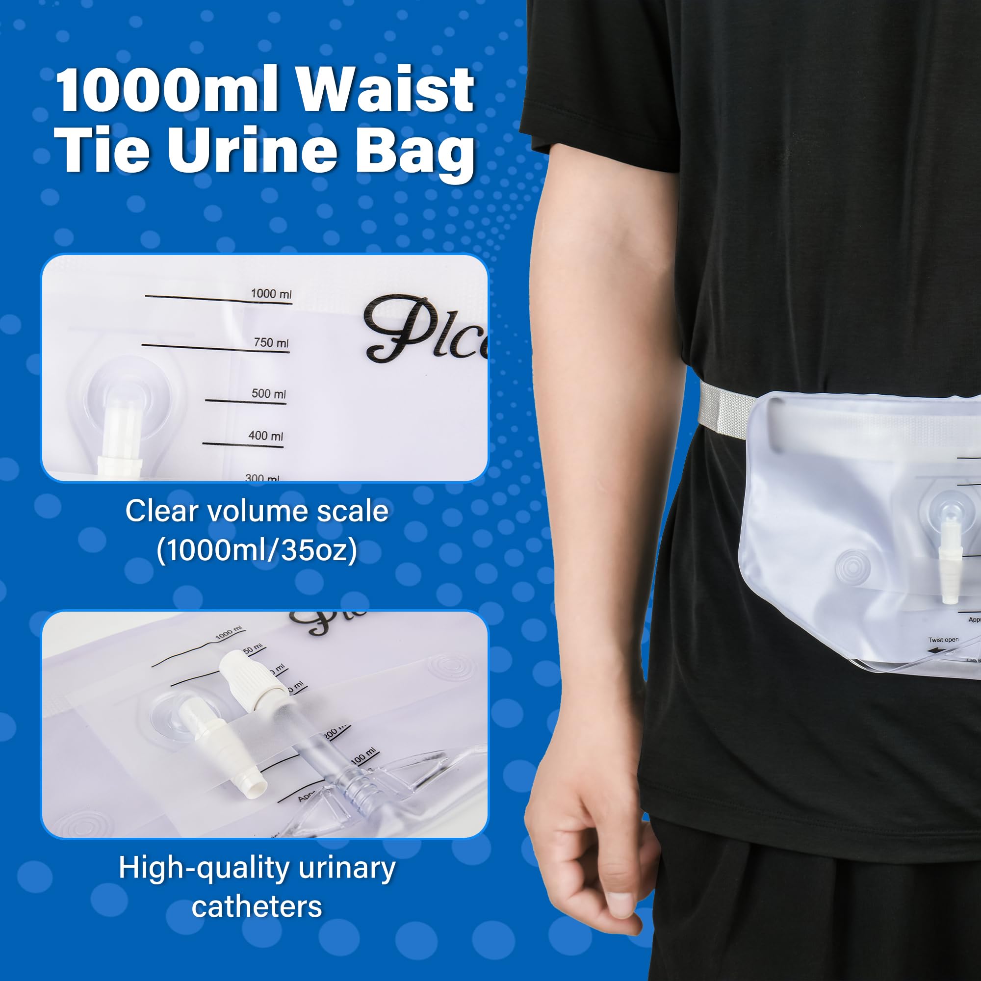Plceo urine bag featuring adjustable waist belt to prevent leaks during movement.