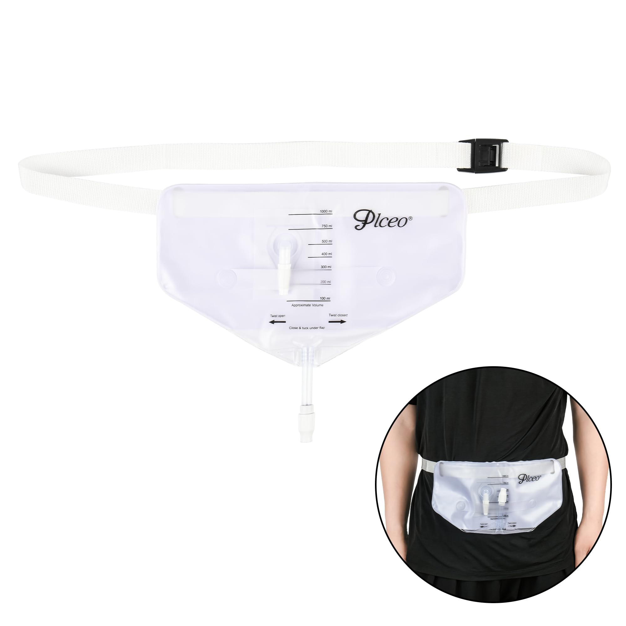 Plceo urine bag with discreet flat design resting under clothing.