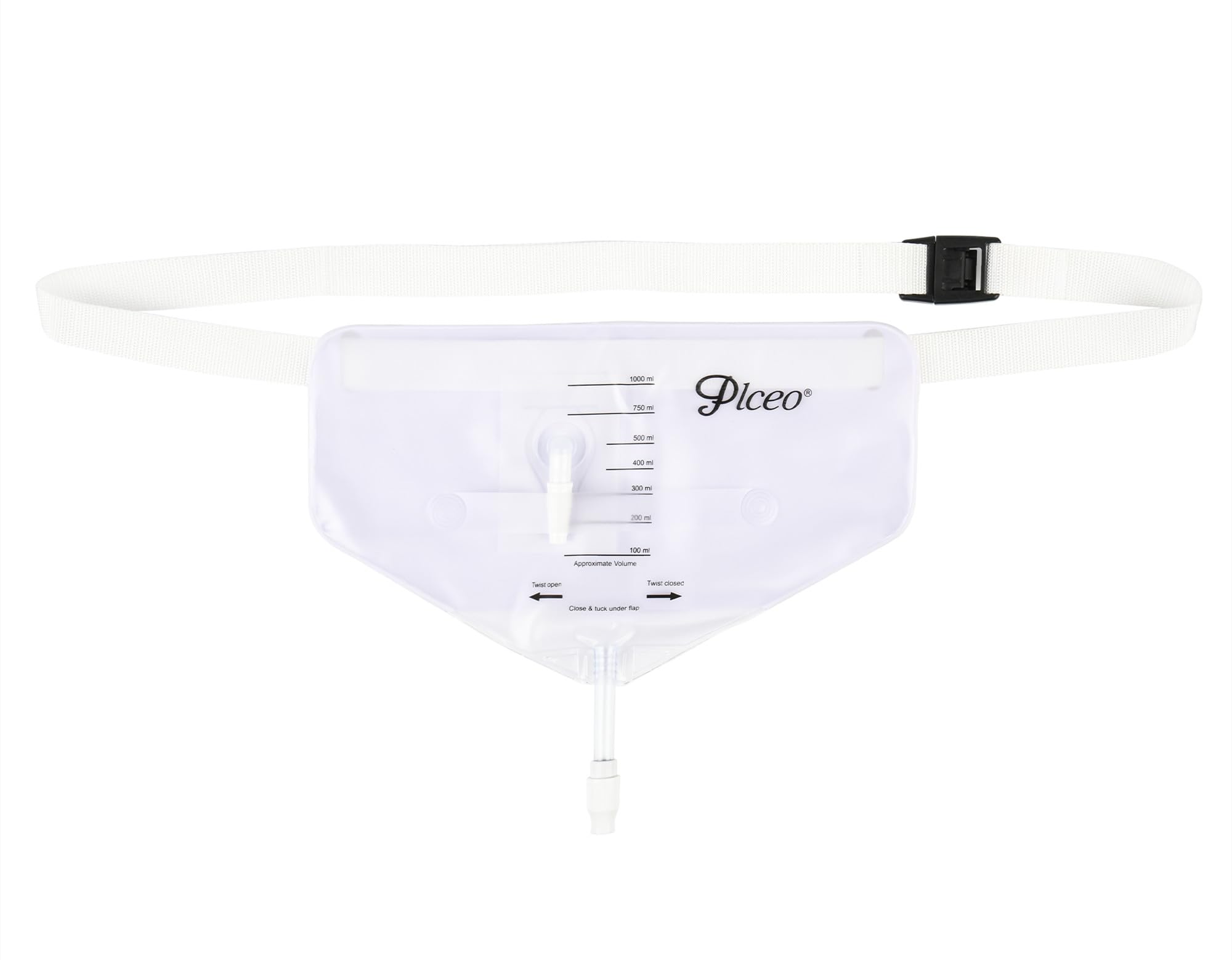 Plceo urine bag with waist belt and 1000ml capacity for secure wear.