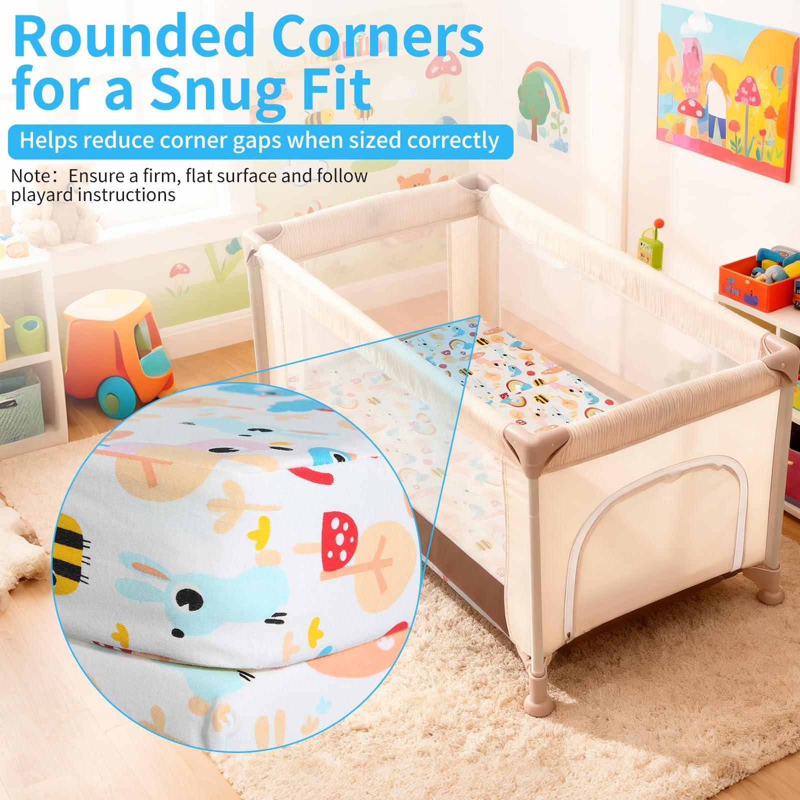 PlentiVive standard 38x26 size fits most playards with no gaps