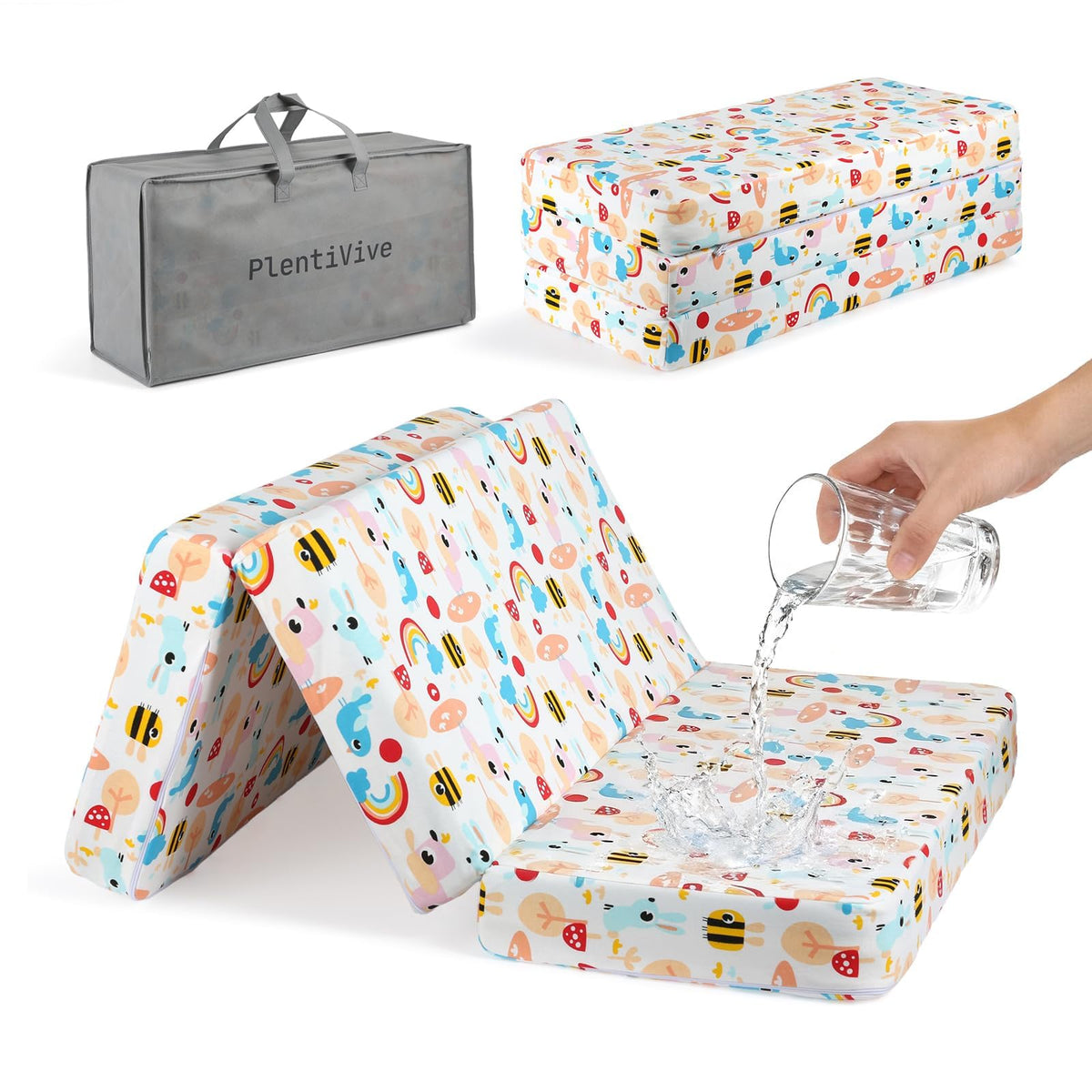 PlentiVive trifold Pack and Play mattress setup ready for quick baby play and travel