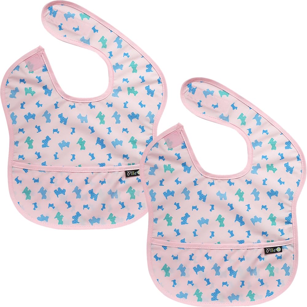 Plie 2-pack waterproof bibs with crumb catcher protecting outfits during meals