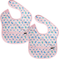 Plie 2-pack waterproof bibs with crumb catcher protecting outfits during meals