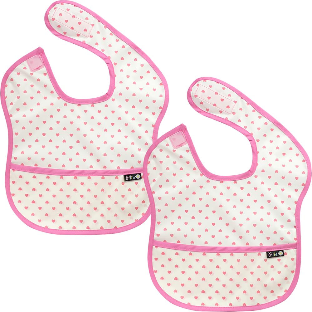 Plie pink heart bib front view with catch-all pocket for messes.