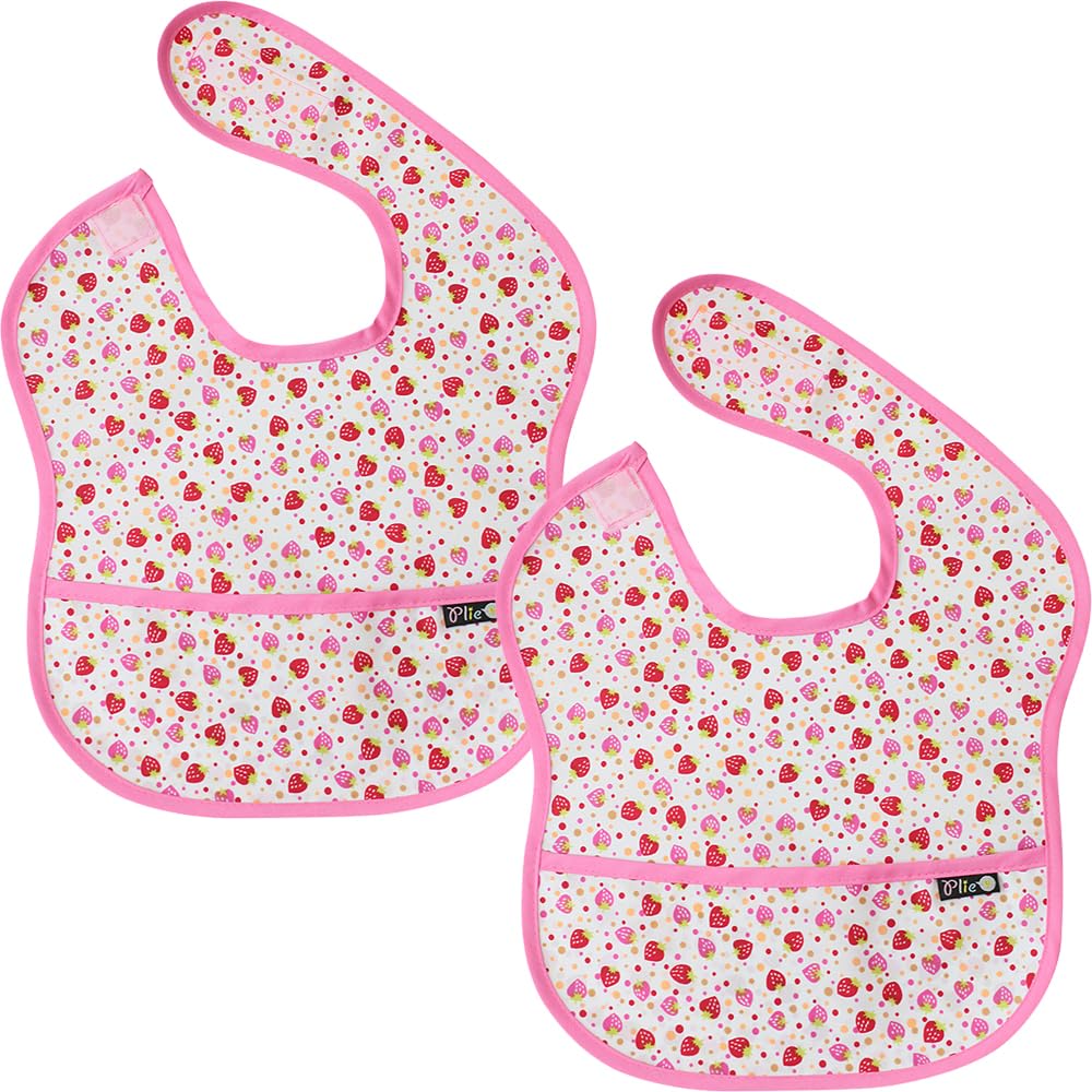 Plie pink strawberry baby bibs two-pack catch crumbs during meals.