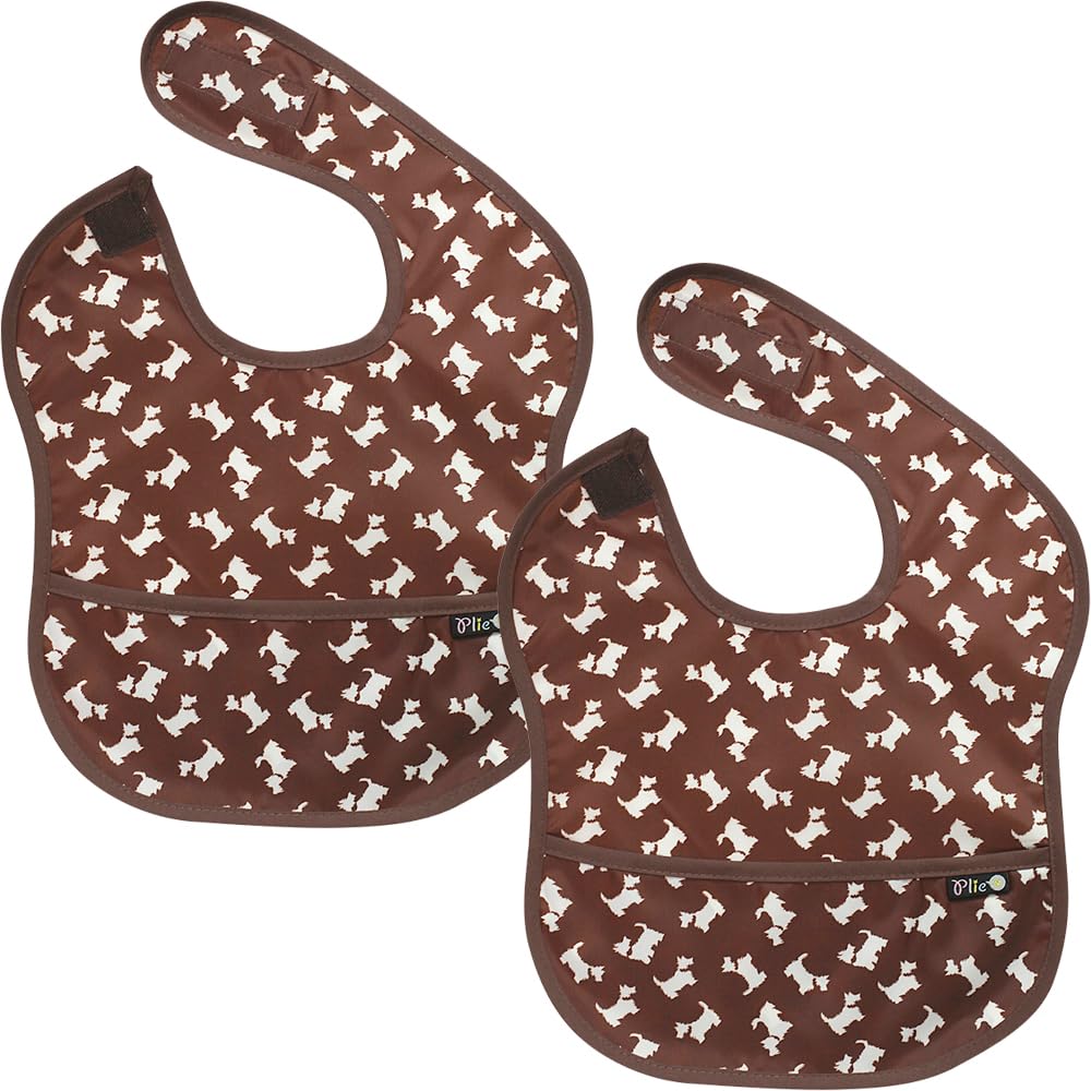 Plie bib brown puppy front pocket view catching mess during meals