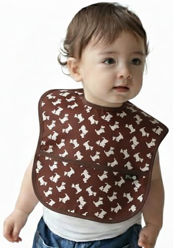 Plie bib brown puppy pocket-open shows catch-all pocket for crumbs