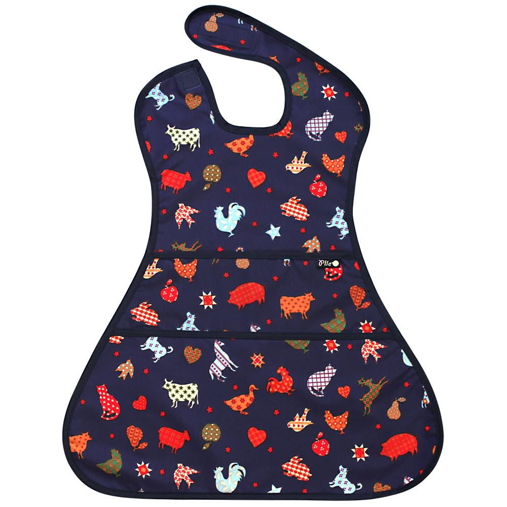 Plie full-coverage bib Navy Zoo protects outfits during meals.