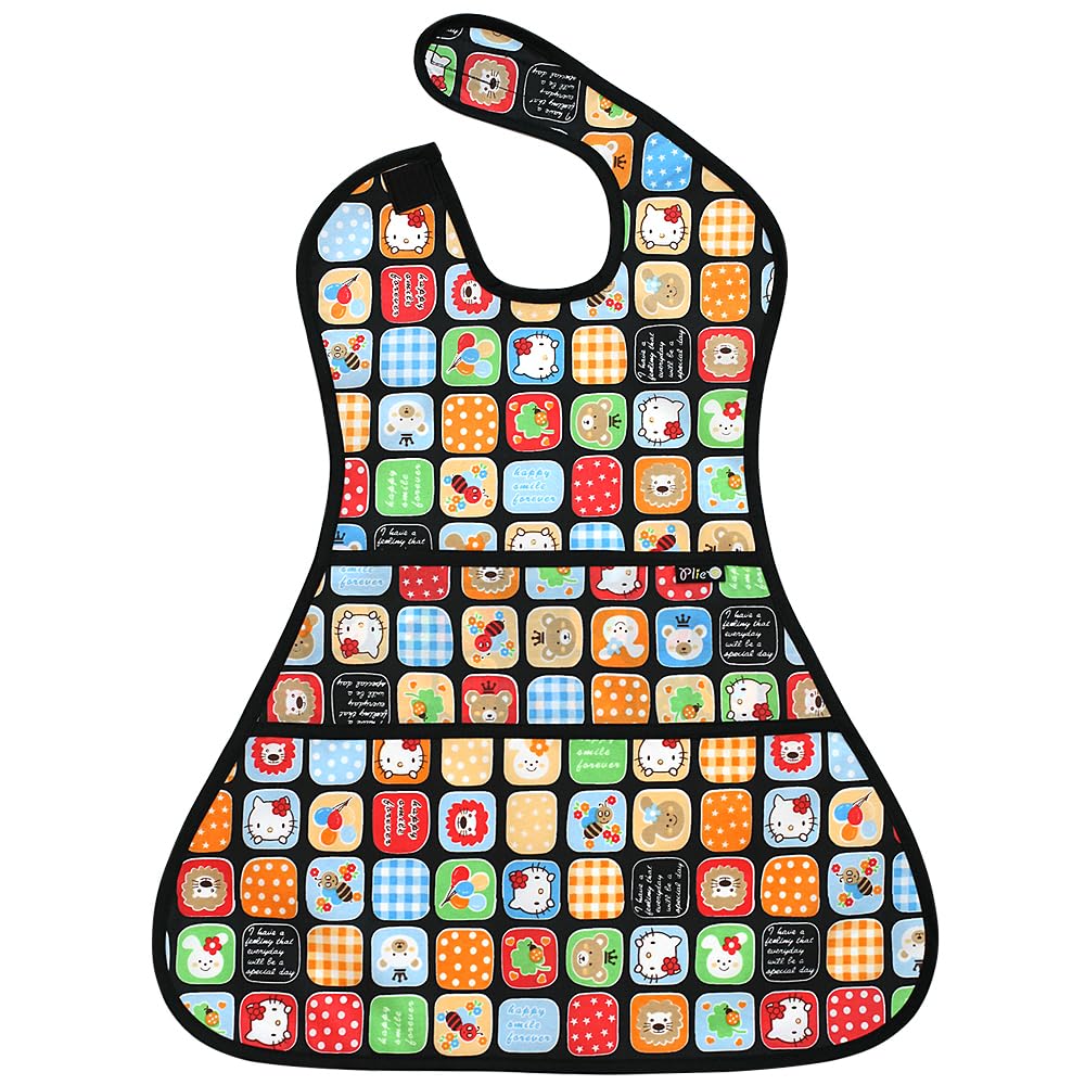 Plie full-coverage bib on a toddler at a high chair keeps clothes clean during meals.