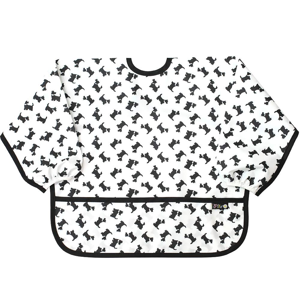 Plie long sleeve bib with crumb catcher pocket capturing spills while feeding.