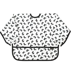 Plie long sleeve bib with crumb catcher pocket capturing spills while feeding.