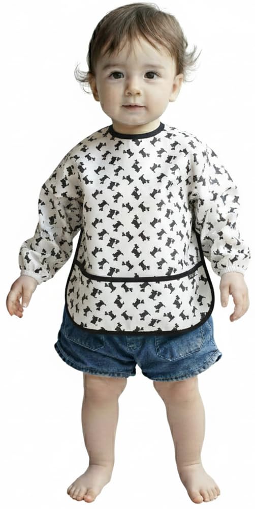 Plie long sleeve bib showing waterproof material protecting outfits during meals.