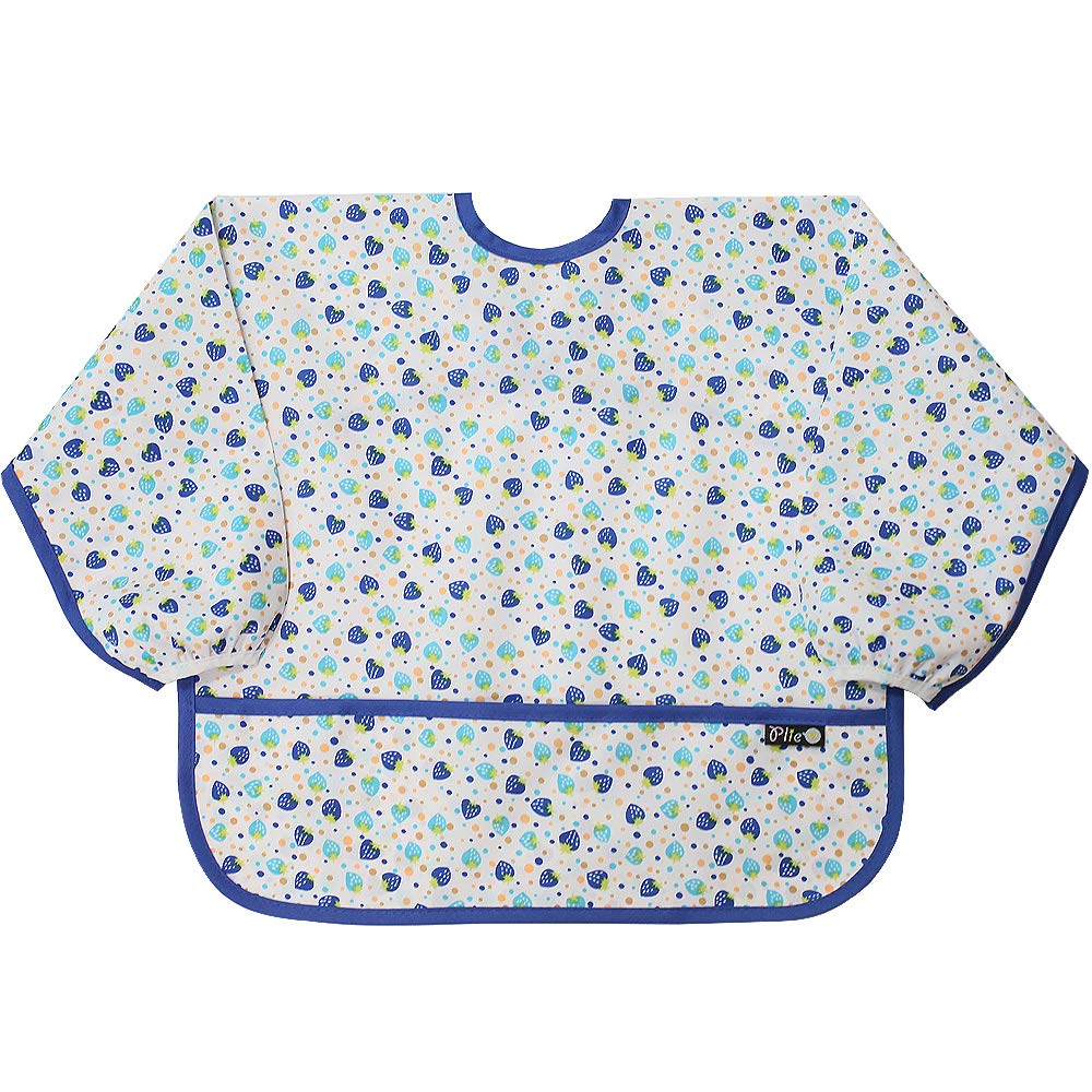 Plie long sleeve waterproof bib for toddlers in blue strawberry protecting during meals and crafts.