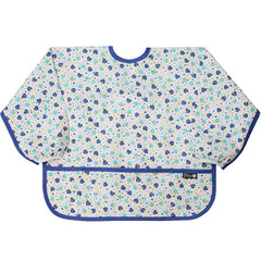 Plie long sleeve waterproof bib for toddlers in blue strawberry protecting during meals and crafts.